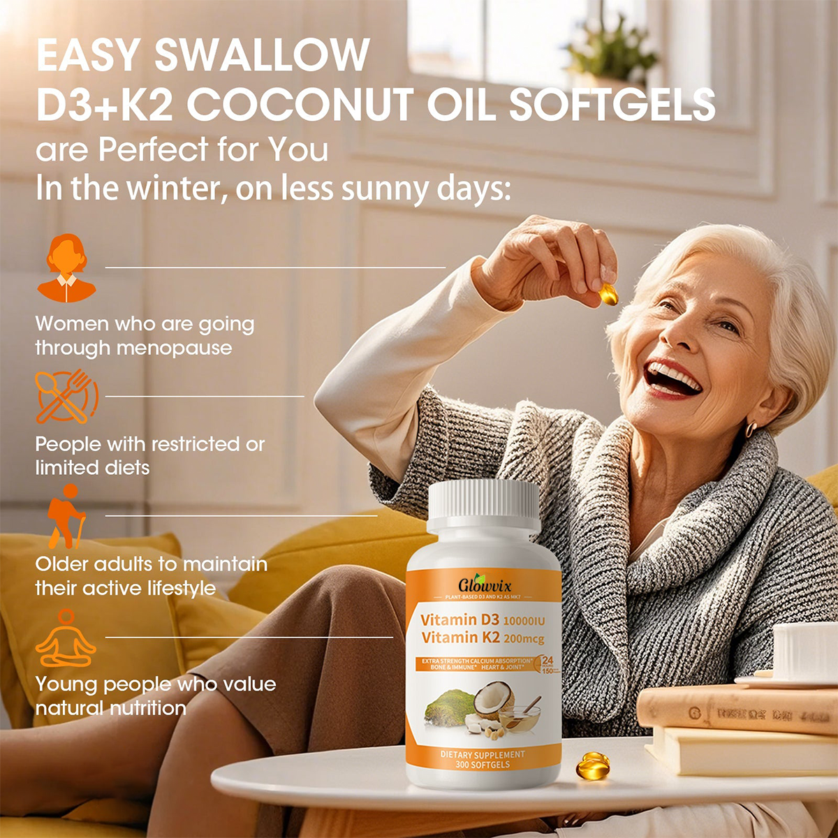 GLOWVIX D3 K2 Vitamin Softgels Capsules Supplement MK7 Gluten Free and Non-GMO 300 Vegetarian Coconut Oil