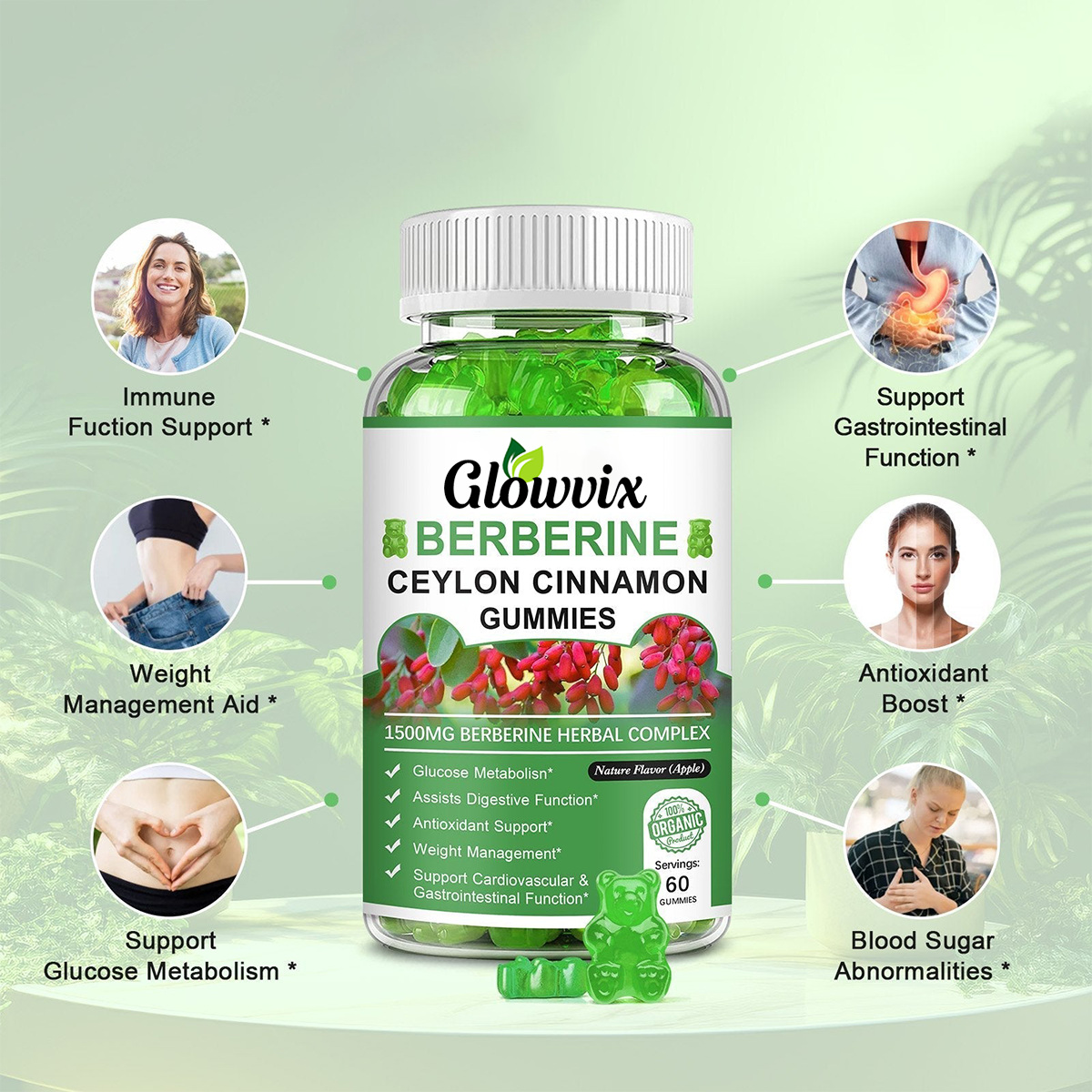 GLOWVIX Berberine Ceylon Cinnamon Gummies Apple Flavor