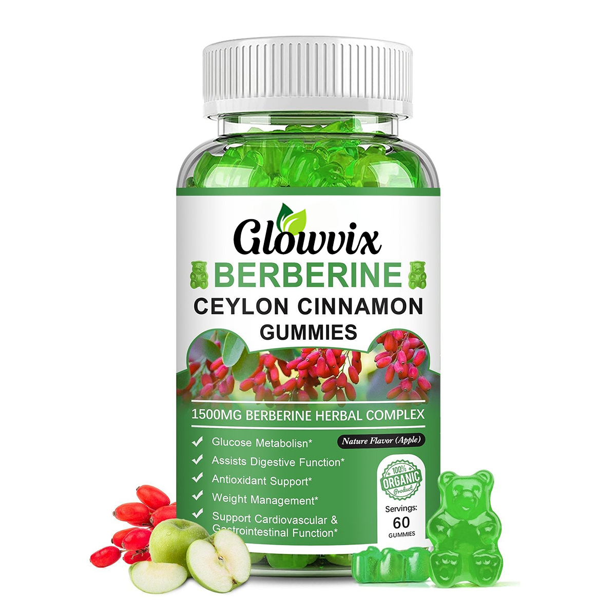 GLOWVIX Berberine Ceylon Cinnamon Gummies Apple Flavor