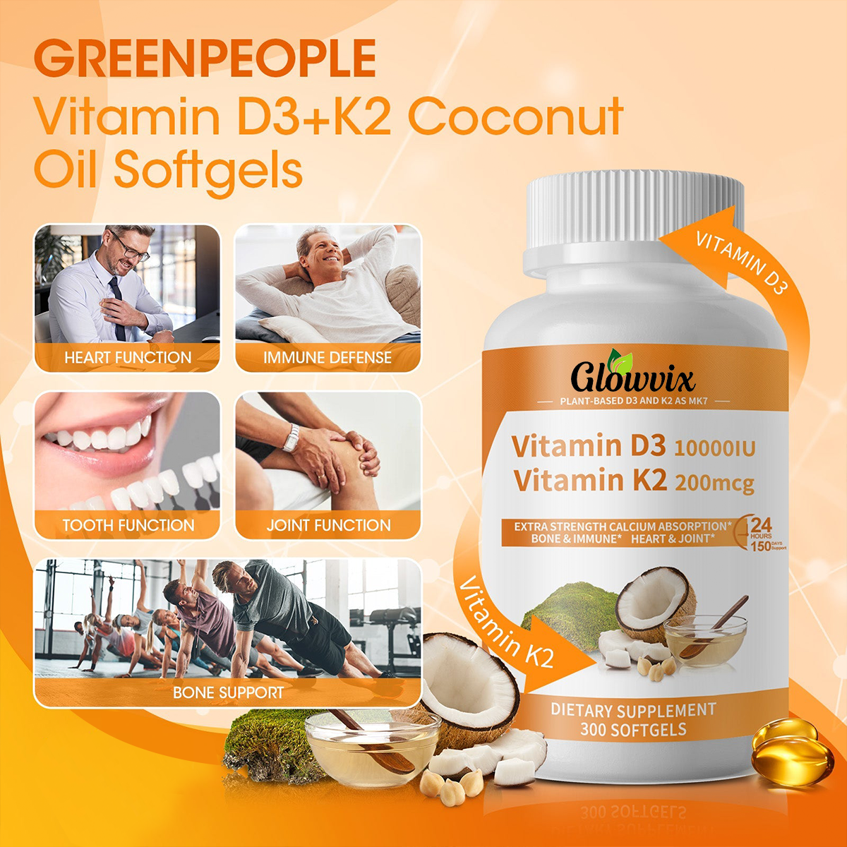 GLOWVIX D3 K2 Vitamin Softgels Capsules Supplement MK7 Gluten Free and Non-GMO 300 Vegetarian Coconut Oil