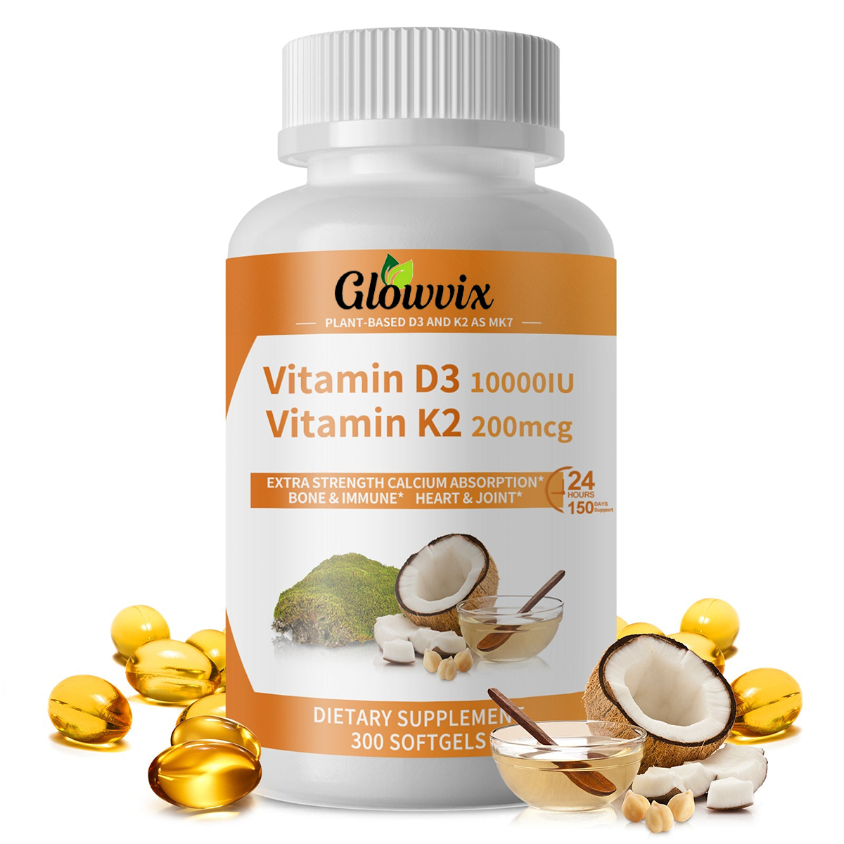 GLOWVIX D3 K2 Vitamin Softgels Capsules Supplement MK7 Gluten Free and Non-GMO 300 Vegetarian Coconut Oil