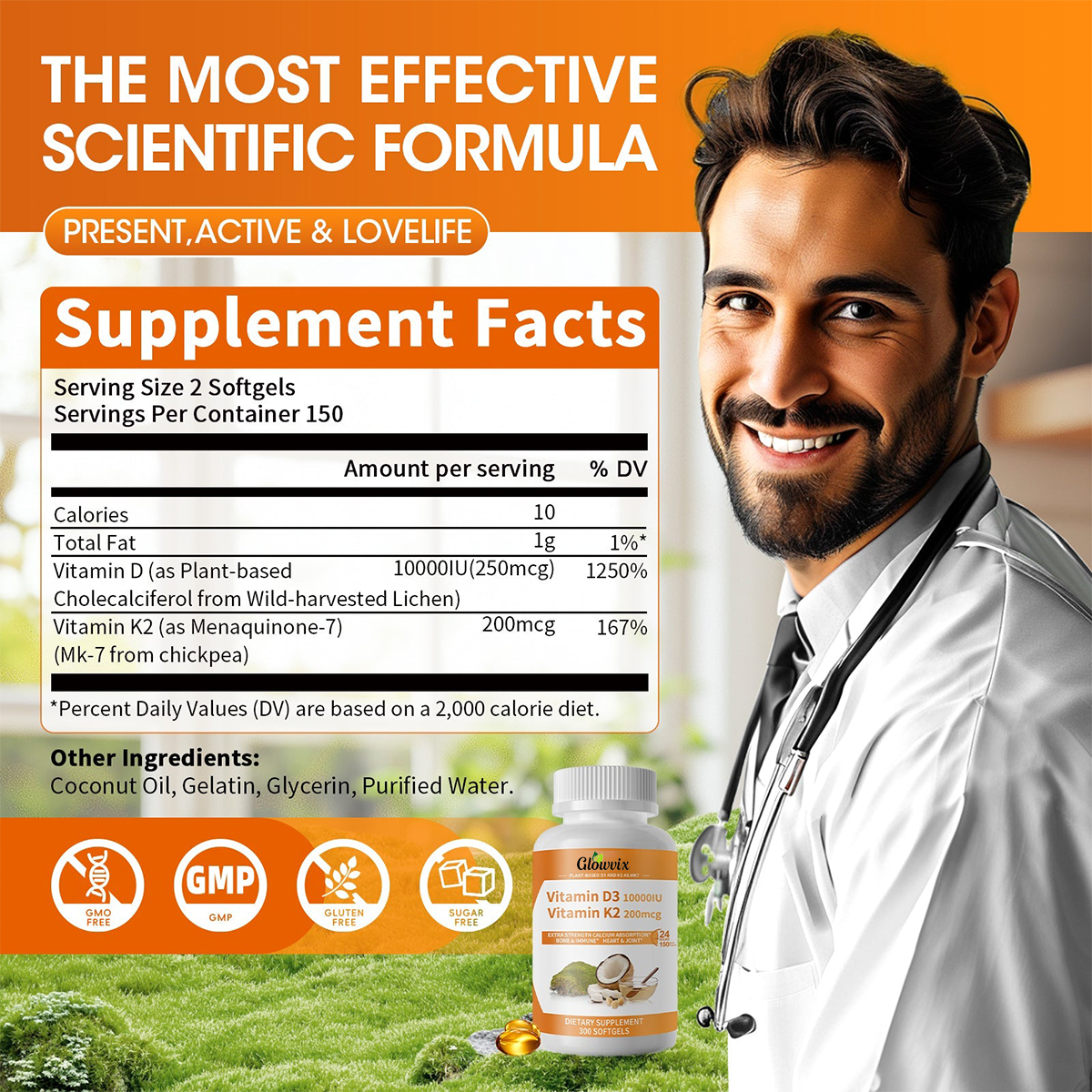 GLOWVIX D3 K2 Vitamin Softgels Capsules Supplement MK7 Gluten Free and Non-GMO 300 Vegetarian Coconut Oil