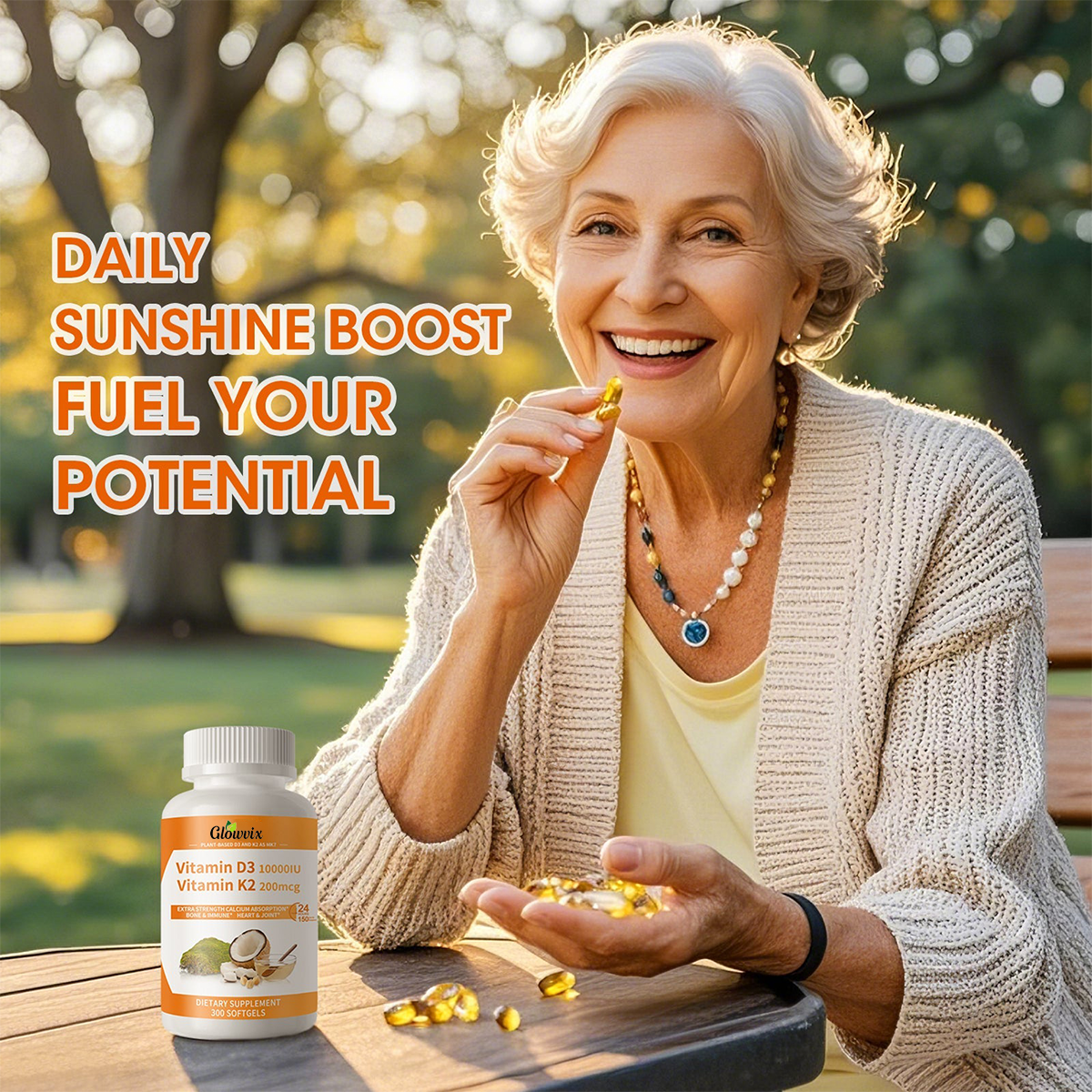 GLOWVIX D3 K2 Vitamin Softgels Capsules Supplement MK7 Gluten Free and Non-GMO 300 Vegetarian Coconut Oil